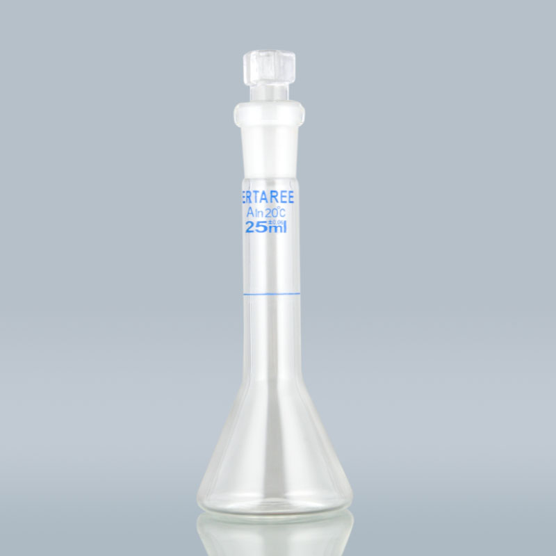 ESV241，透明梯形容量瓶，25ml，玻璃塞，12/14，±0.03ml，3.3硼硅酸盐玻璃，梯形防倾倒，“IN”校准