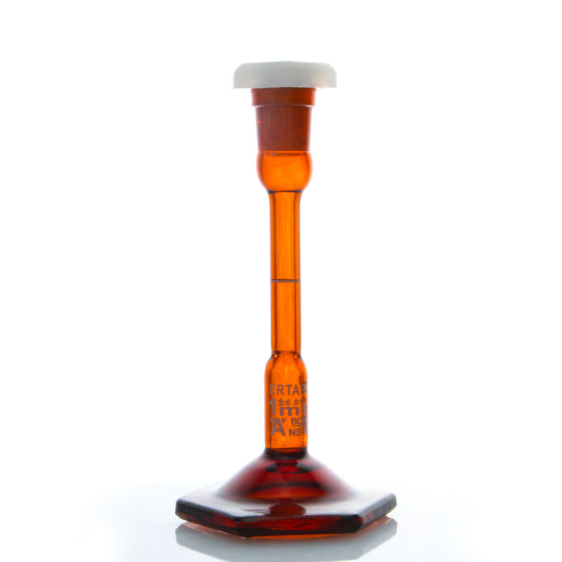 ESV189Z，棕色底座容量瓶，10ml,PE塞，10/13，±0.02ml，3.3硼硅酸盐玻璃，ERTAREE®，蓝标，六角玻璃底座，“IN”校准