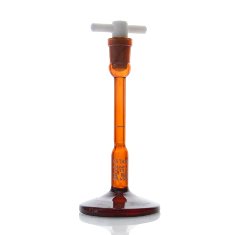 ESV170ZY,底座容量瓶,1ml,10/13,±0.01ml,PTFE塞,3.3硼硅酸盐玻璃,蓝标,棕色,圆底,“IN”校准