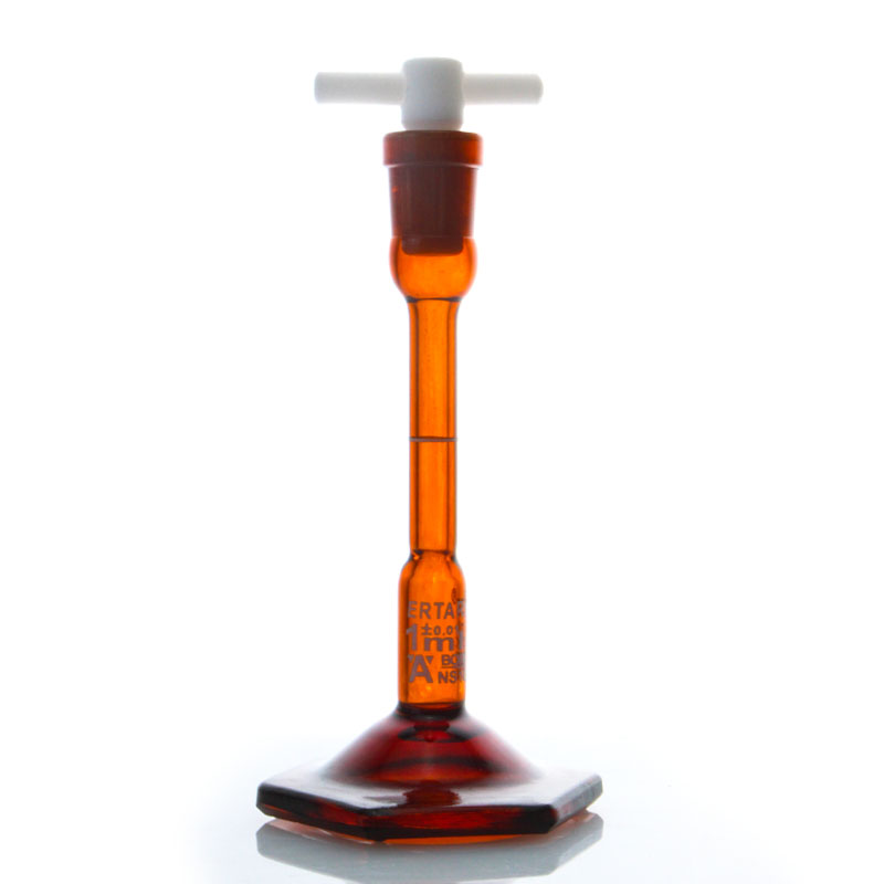 ESV172Z，棕色底座容量瓶，2ml,PTFE塞，10/13，±0.01ml，3.3硼硅酸盐玻璃，ERTAREE®，蓝标，六角玻璃底座，“IN”校准