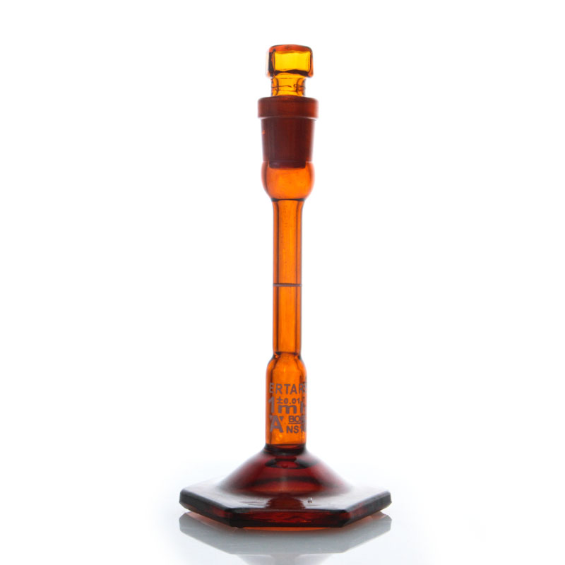 ESV162Z，棕色底座容量瓶，2ml,玻璃塞，10/13，±0.01ml，3.3硼硅酸盐玻璃，ERTAREE®，蓝标，六角玻璃底座，“IN”校准