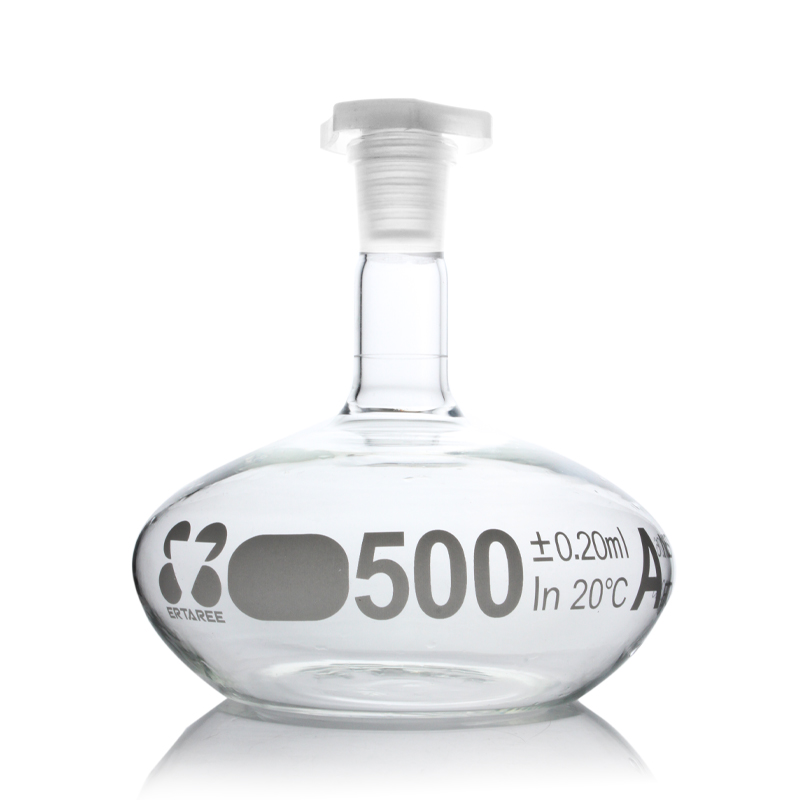 ESV038A,矮型容量瓶,500ml,19/26,±0.20ml,PE塞,透明色,A级