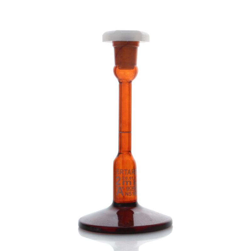 ESV188ZY,底座容量瓶,8ml,10/13,±0.02ml,PE塞,3.3硼硅酸盐玻璃,蓝标,棕色,圆底,“IN”校准