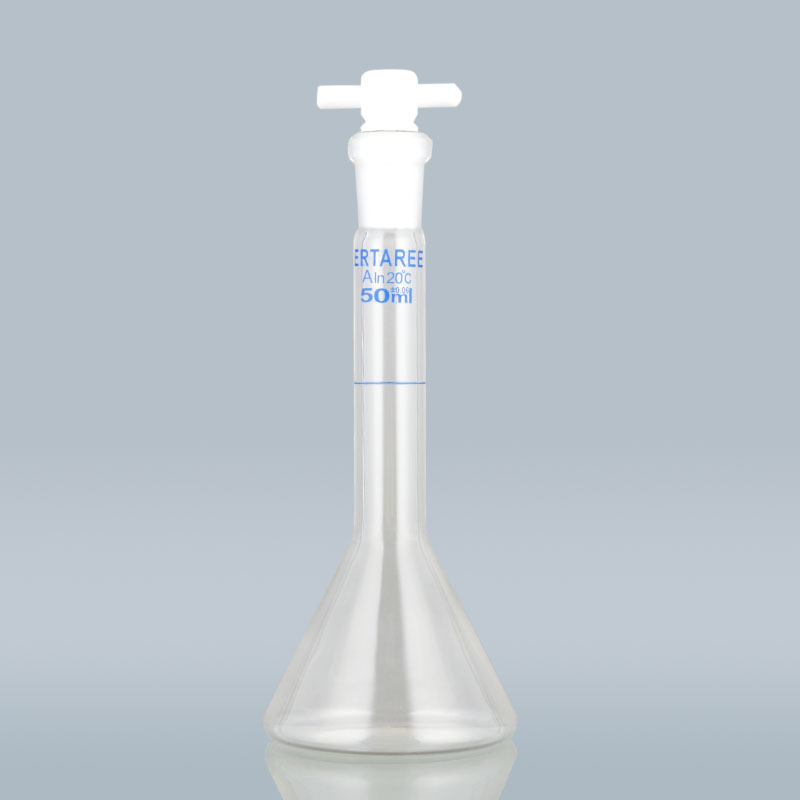 ESV248，透明梯形容量瓶，50ml，PTFE塞，12/14，±0.06ml，3.3硼硅酸盐玻璃，梯形防倾倒，“IN”校准