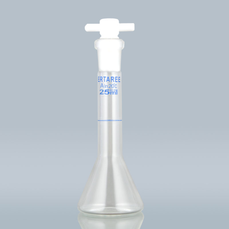 ESV242，透明梯形容量瓶，25ml，PTFE塞，12/14，±0.03ml，3.3硼硅酸盐玻璃，梯形防倾倒，“IN”校准