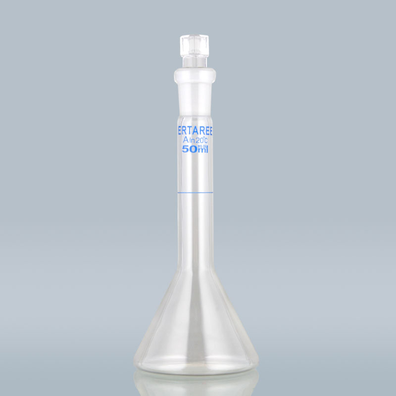 ESV247，透明梯形容量瓶，50ml，玻璃塞，12/14，±0.06ml，3.3硼硅酸盐玻璃，梯形防倾倒，“IN”校准