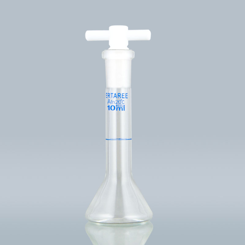 ESV230，透明梯形容量瓶，10ml，PTFE塞，10/13，±0.04ml，3.3硼硅酸盐玻璃，梯形防倾倒，“IN”校准